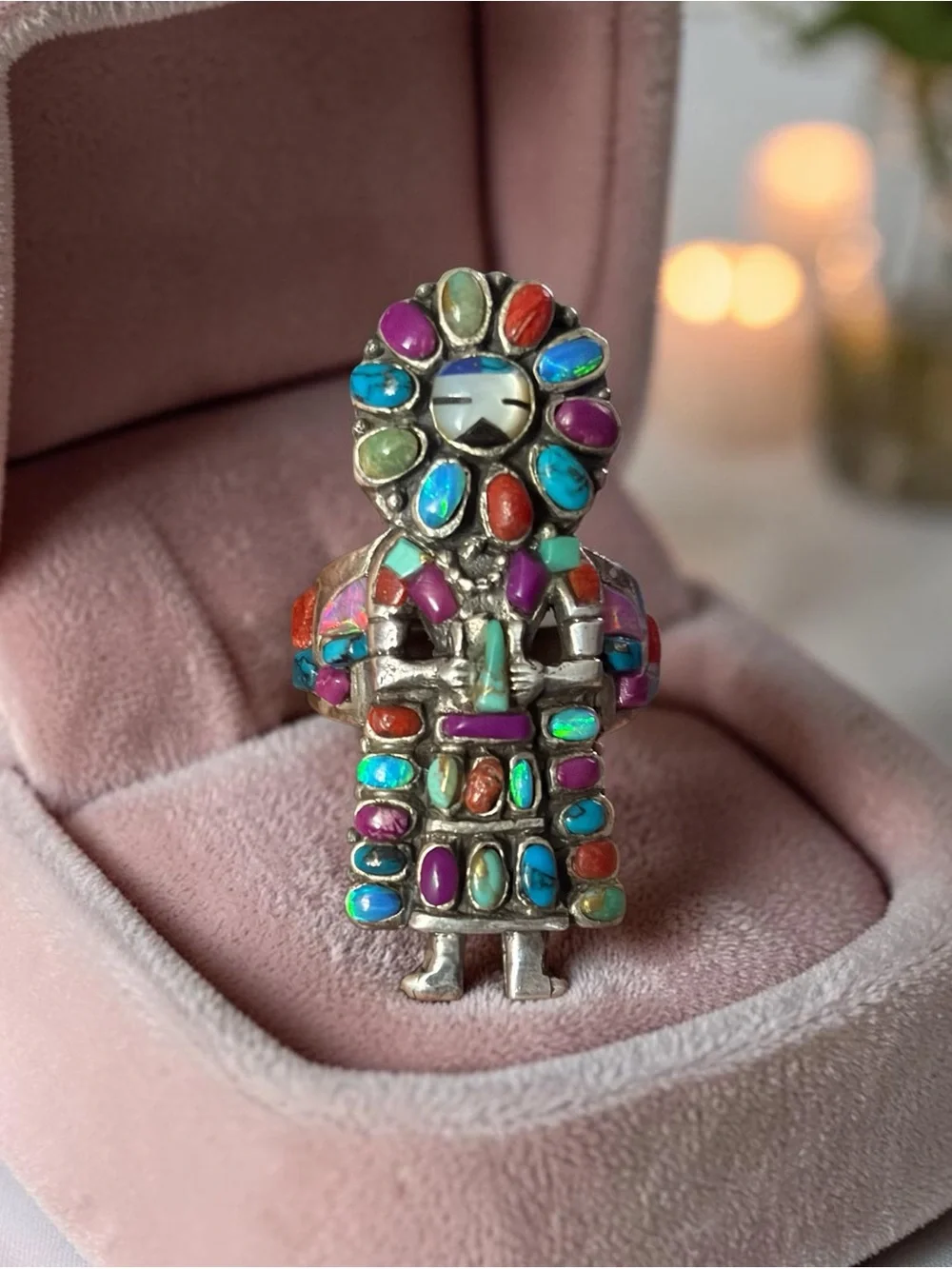 Nice vintage Native American sterling silver inlay Kachina ring